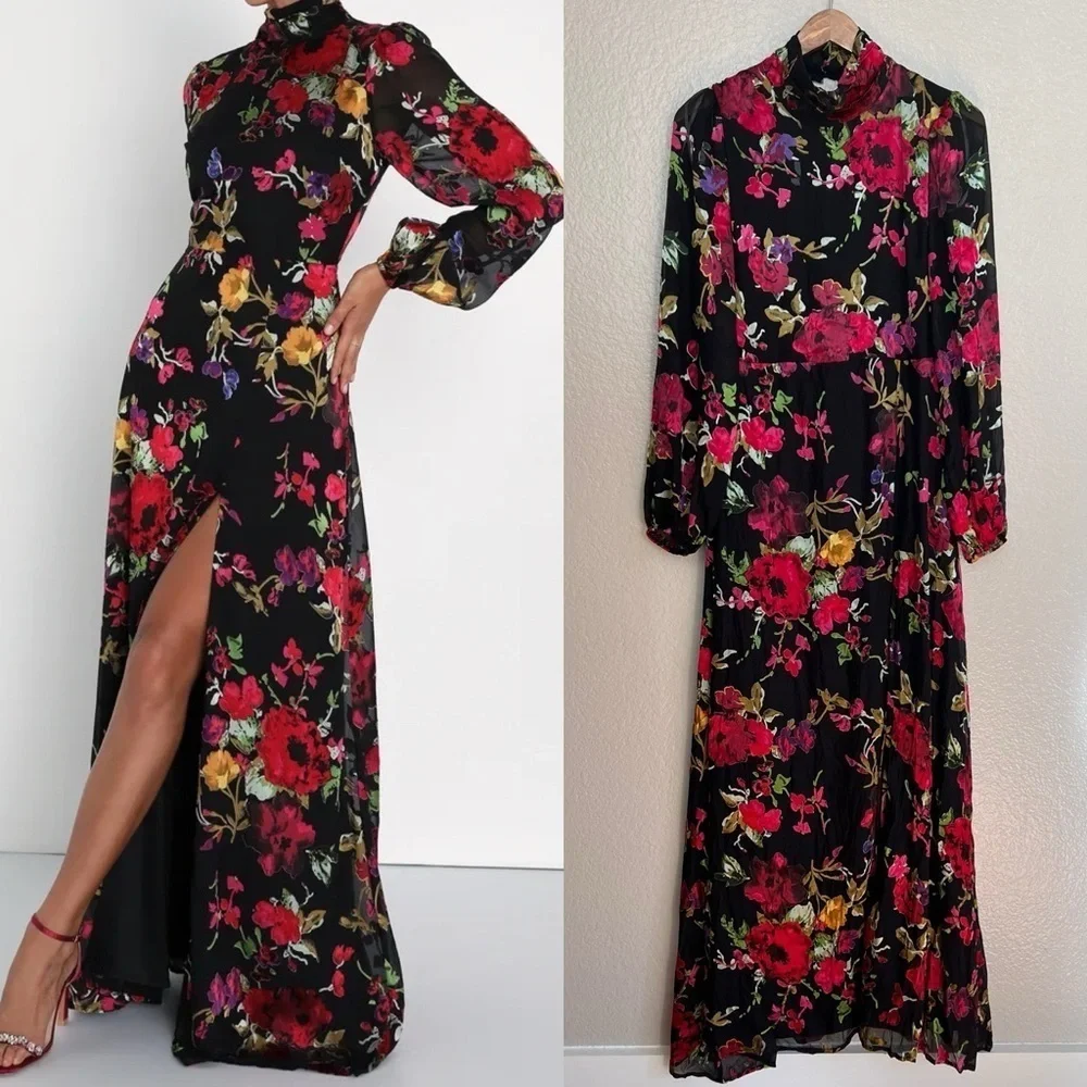 Graceful Arrival Black Floral Burnout Backless Maxi Dress